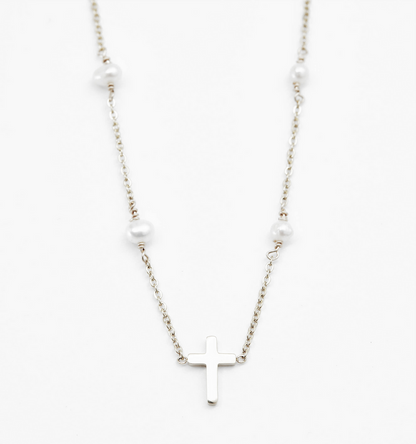 Cross Pearl Link Necklace